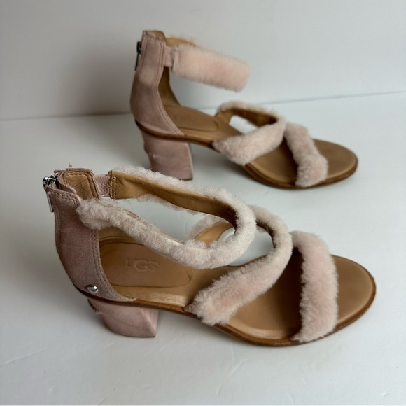 Ugg Del Rey Fluff Heels Women's size 12 or EU 43 Lamb Fur Sandals Blush Pink - Picture 2 of 7